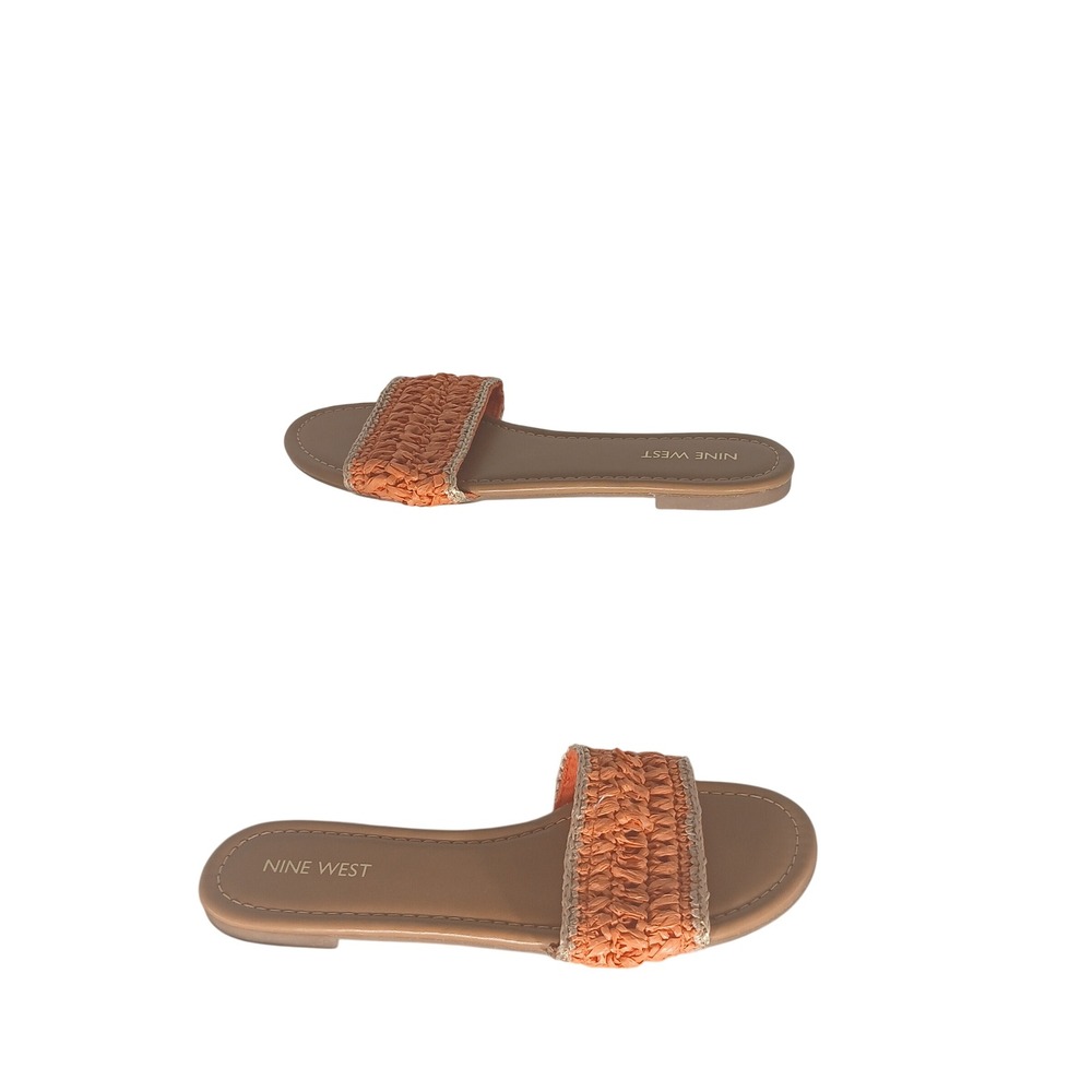 Nine West Raffia Slide Sandals‎ 7.5 Orange Woven Flat Summer Boho Beach Resort